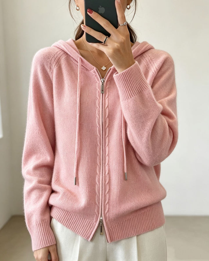 Women's Hooded Cardigan with Zipper, Fine Knit and Ribbed Cuffs