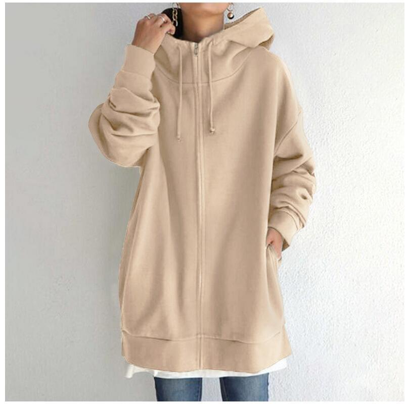 Women's Oversized Hooded Long Pullover with Zipper and Side Pockets