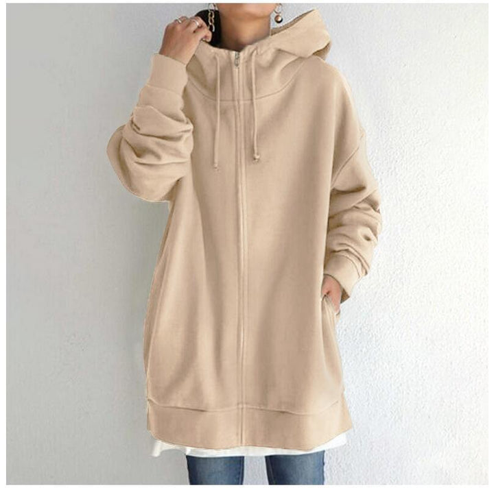 Women's Oversized Hooded Long Pullover with Zipper and Side Pockets