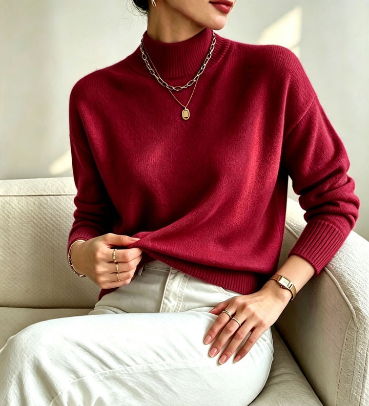 Women's Cozy Fine-knit Pullover with Stand-up Collar and Drop Shoulder