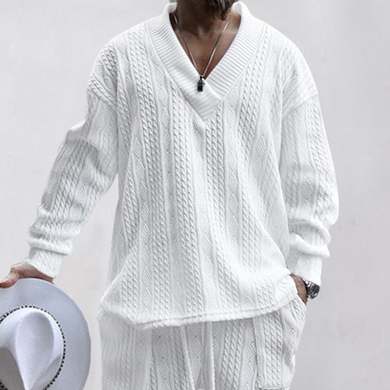 Men's Oversize Cable Knit Long Sweater with Deep V-Neck and Matching Knit Pants