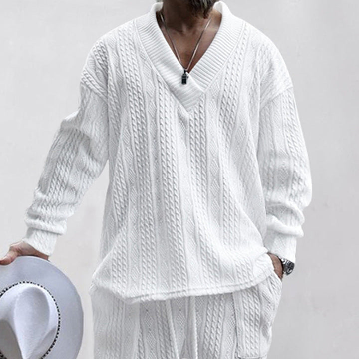 Men's Oversize Cable Knit Long Sweater with Deep V-Neck and Matching Knit Pants