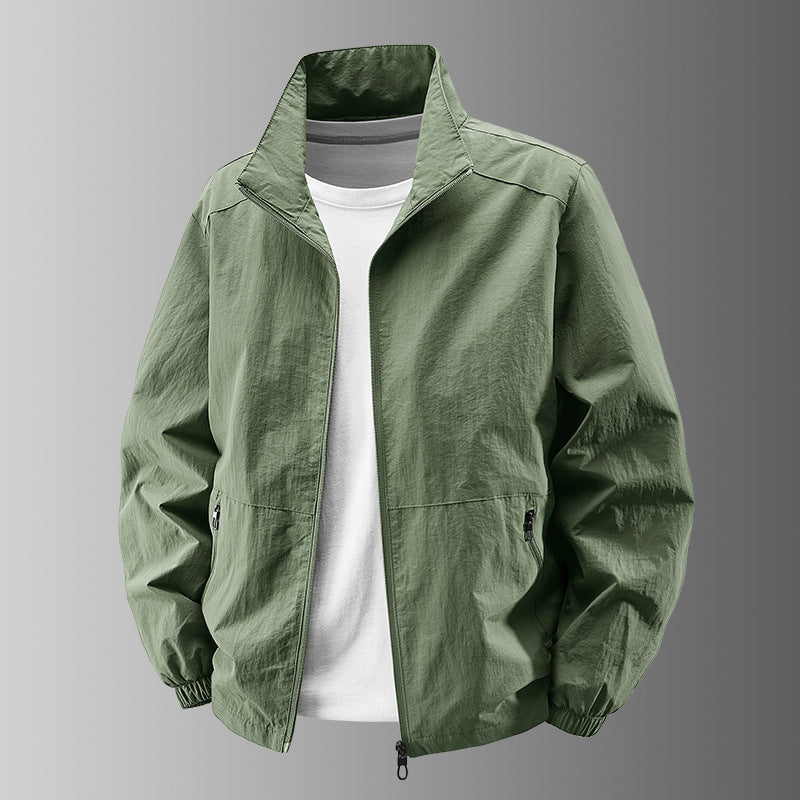 Men's Breathable Lightweight Windbreaker with Stand-up Collar, Elastic Cuffs and Concealed Zippered Pockets