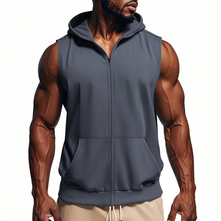Men's Muscle-fit Training Hoodie Vest with Zipper and Kangaroo Pocket