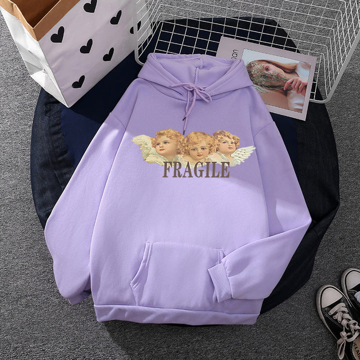 Women Light Oversized Hoodie with Heart EKG Motif, Long Cords and Elastic Cuff