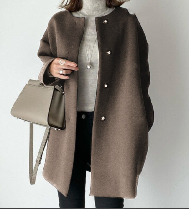 Women Oversized Wool Blend Coat with Pearl Buttons and Straight Cut