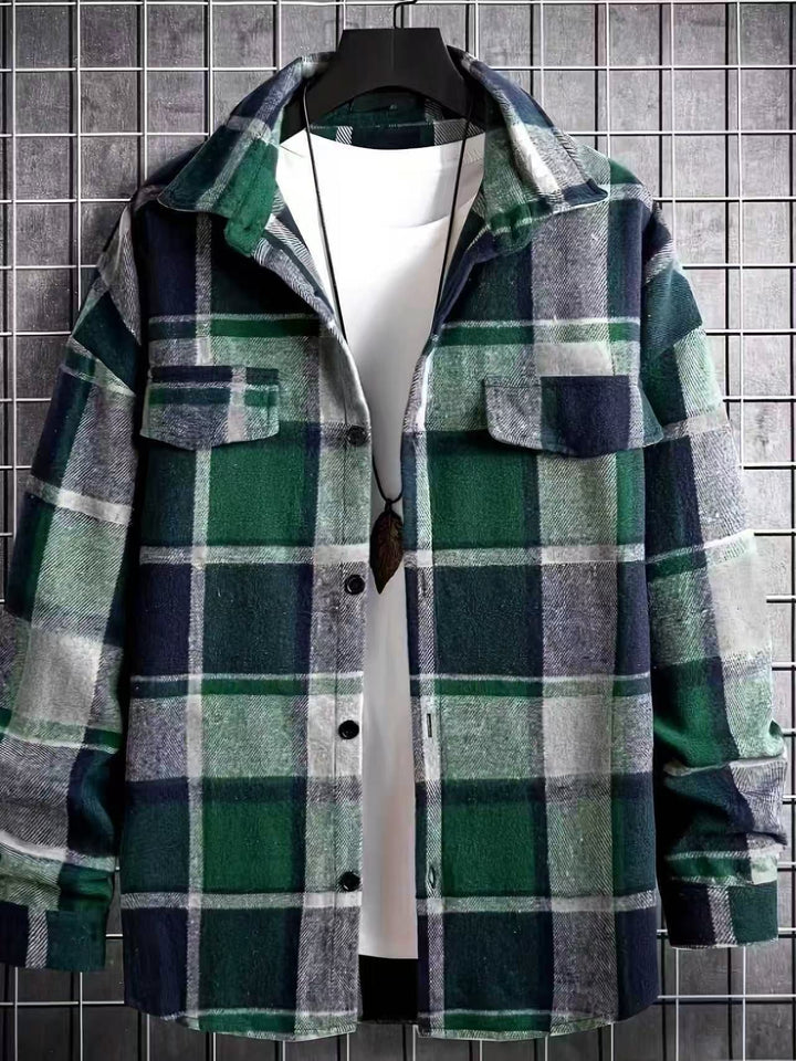 Men's Oversized Check Shirt Jacket made of Soft Flannel with Patch Chest Pockets