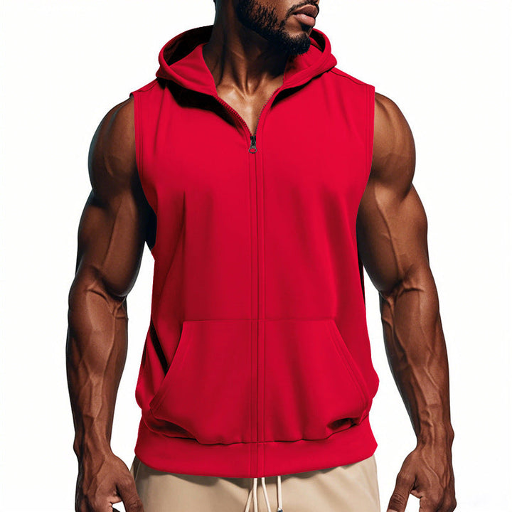 Men's Sleeveless Zip Hooded Vest with Kangaroo Pocket and Athletic Cut