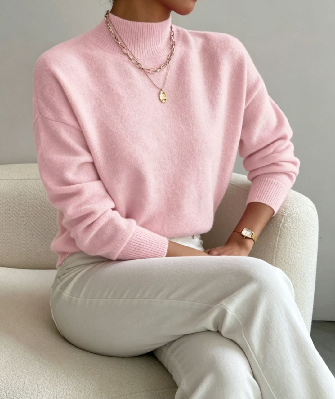 Women's Cozy Fine-knit Pullover with Stand-up Collar and Drop Shoulder