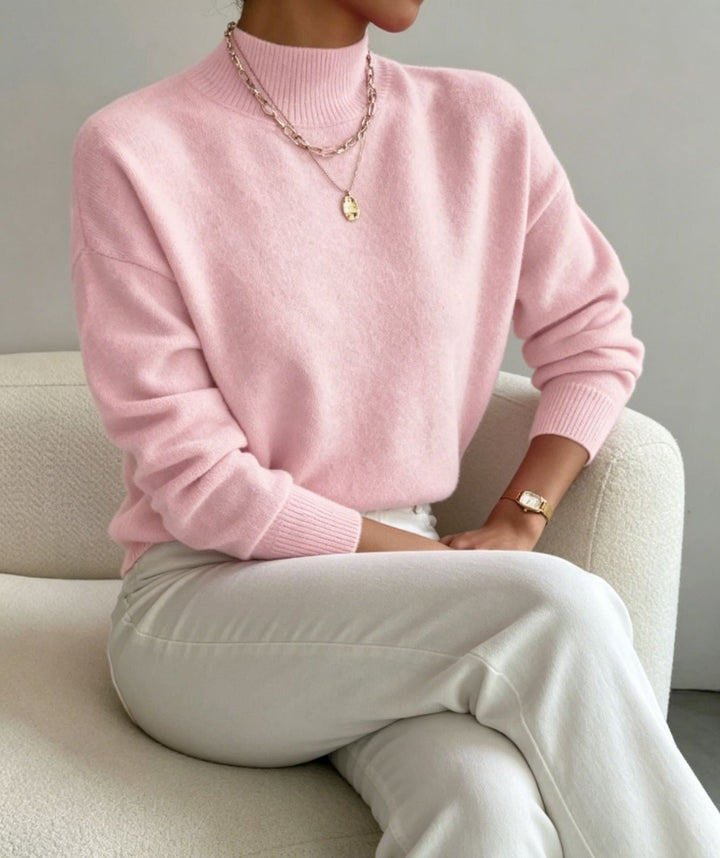 Women's Cozy Fine-knit Pullover with Stand-up Collar and Drop Shoulder