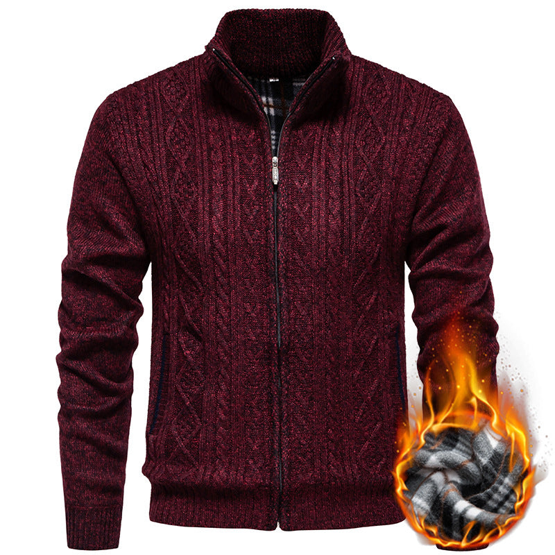 Men's Chunky Knit Cardigan with Cable Pattern, Stand-up Collar and Checked Inner Lining
