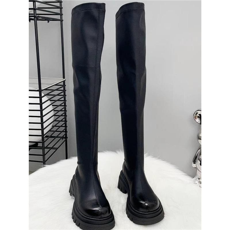 Women's Thigh-High Stretch Boots with Sleek Shaft and Shaped Platform Sole