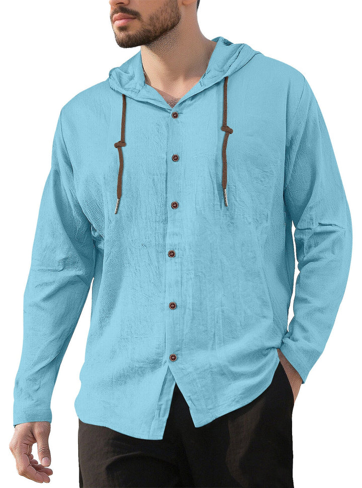 Men's Textured Linen Blend Hooded Shirt with Button Placket, Wood Buttons, and Side Slits