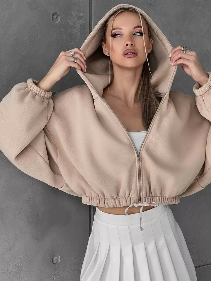 Women's Short Hooded Jacket with Drawstring Waistband, Balloon Sleeves, and Half-height Zipper