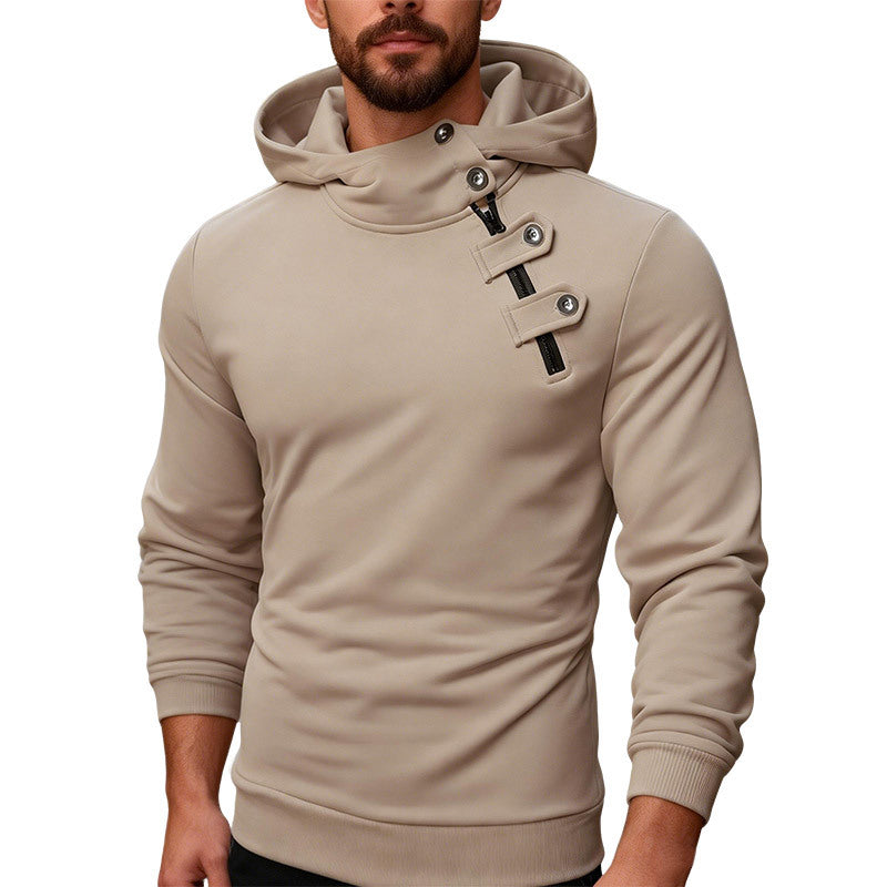 Men's Fitted Hoodie with High Collar, Decorative Tabs and Concealed Diagonal Zipper