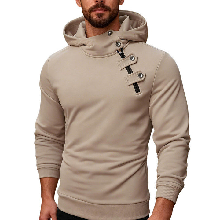 Men's Fitted Hoodie with High Collar, Decorative Tabs and Concealed Diagonal Zipper