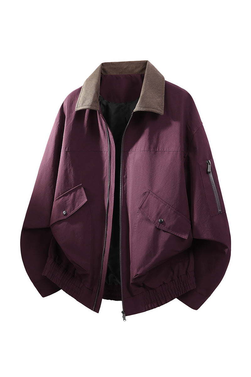 Men's Oversized Bomber Jacket in Worker Style with Cord Collar, Flap Pockets, and Elastic Hem