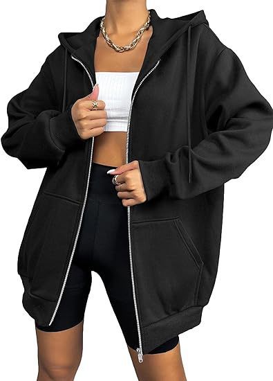 Women's Oversized Zip Hoodie with Contrasting Zipper, Double-layered Hood and Kangaroo Pocket