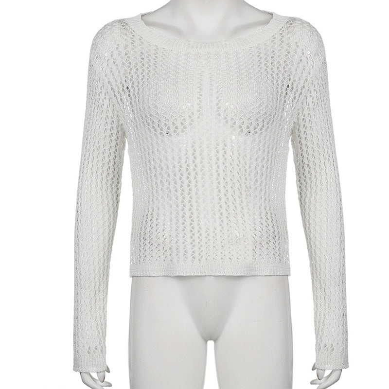 Women's Airy Knitted Pullover with Fine Mesh Pattern