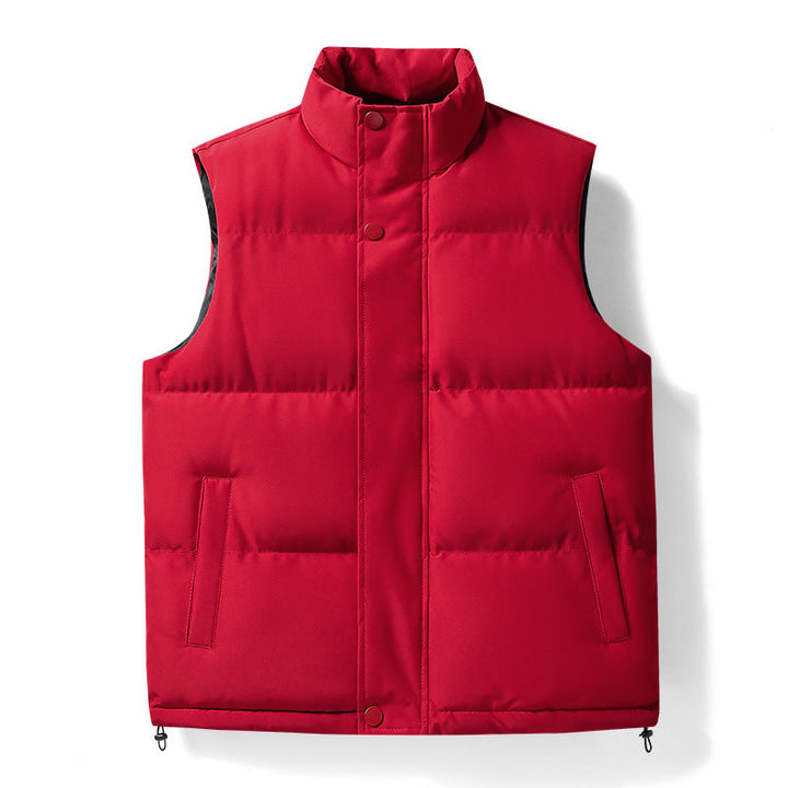 Men's Warm Quilted Outdoor Vest with High Stand-up Collar, Concealed Snap Placket, and Adjustable Hem