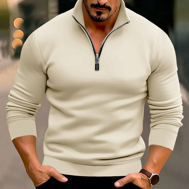 Men's Fitted Fine Knit Pullover with Short Zipper and Stand-up Collar