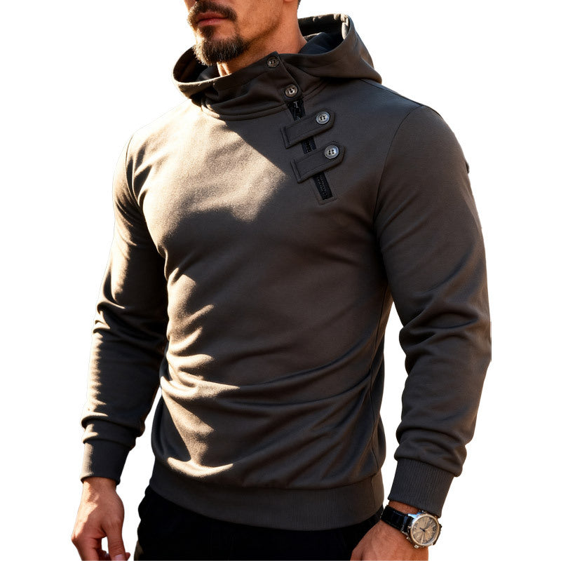 Men's Fitted Hoodie with High Collar, Decorative Tabs and Concealed Diagonal Zipper