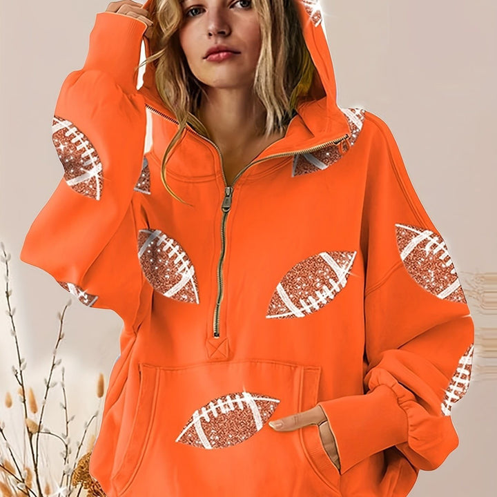 Women's Oversized Hoodie with Half Zipper and Sequin Football Application