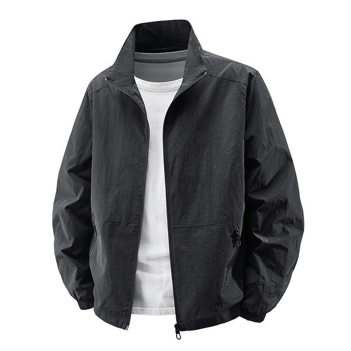 Men's Breathable Lightweight Windbreaker with Stand-up Collar, Elastic Cuffs and Concealed Zippered Pockets