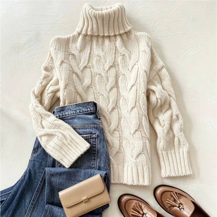 Women's Chunky Knit Turtleneck Sweater with Distinctive Cable Patterns and Ribbed Cuffs