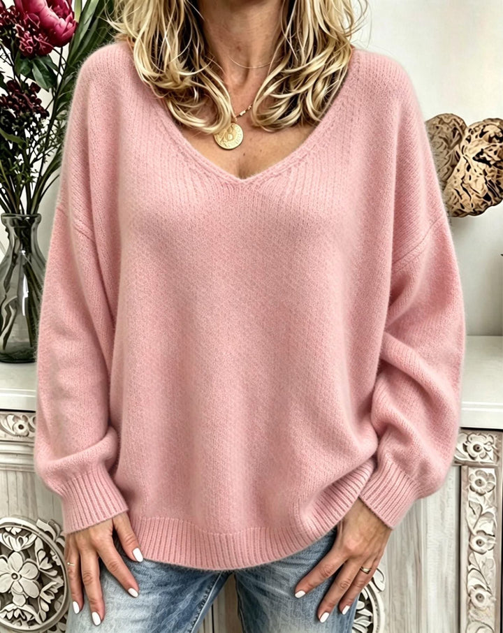 Women's Casual V-Neck Sweater made of Fine Waffle Knit Structure with Dropped Shoulder