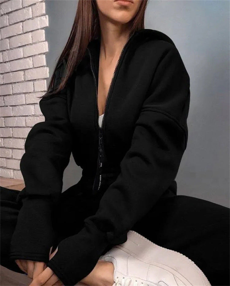 Women's Tailored Hooded Sweat Jumpsuit with Zipper and Elastic Waistband
