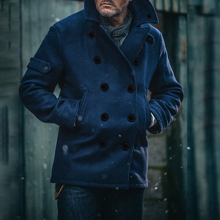 Men's Double-Breasted Wool Coat in Peacoat Style with High Collar