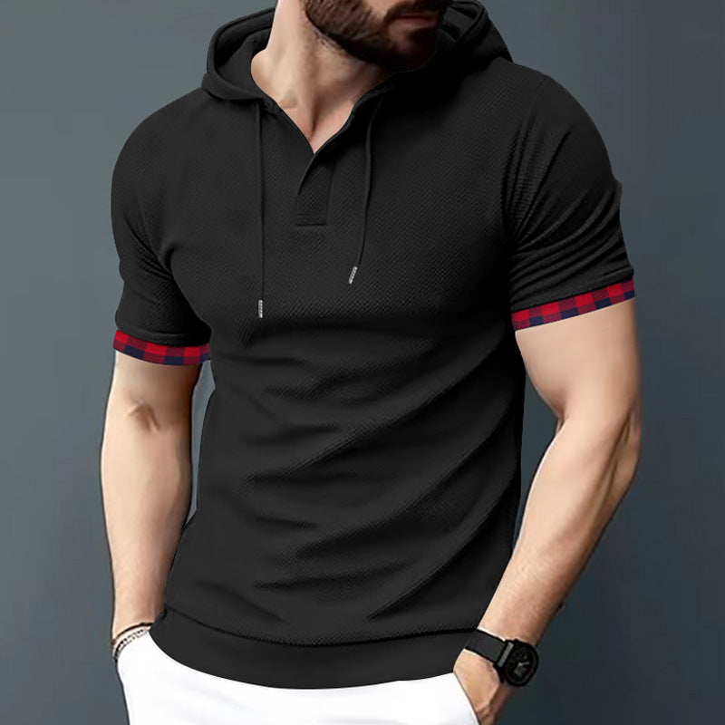Men's Fitted Short Sleeve Hooded Polo Shirt with Henley Placket and Drawstring