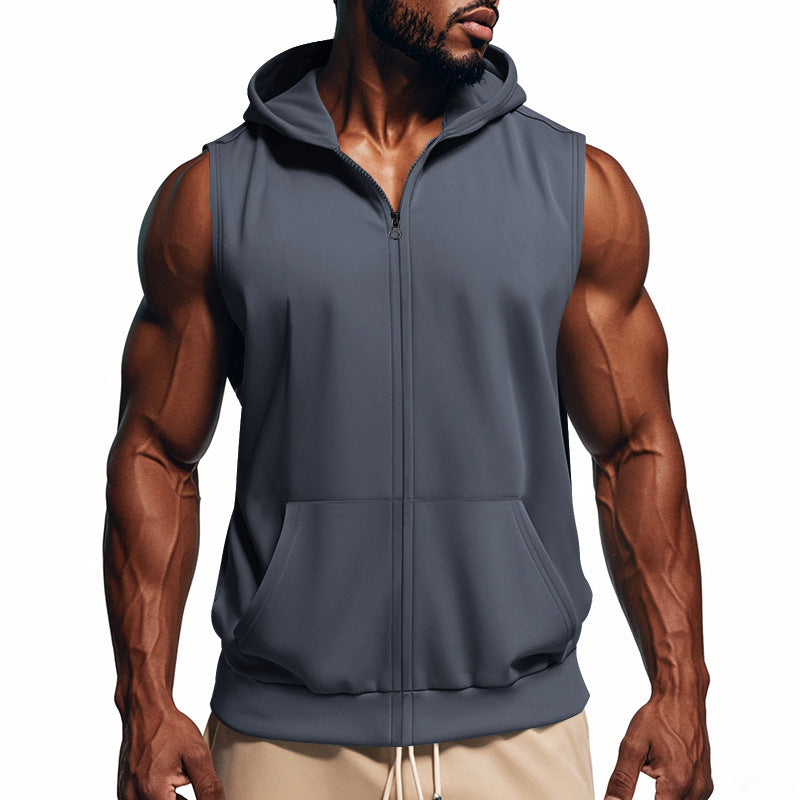Men's Sleeveless Zip Hooded Vest with Kangaroo Pocket and Athletic Cut
