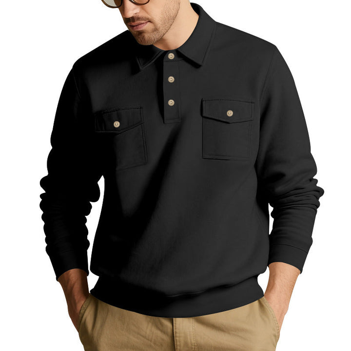 Men's Polo Collar Sweatshirt with Patch Chest Pockets and Ribbed Cuffs