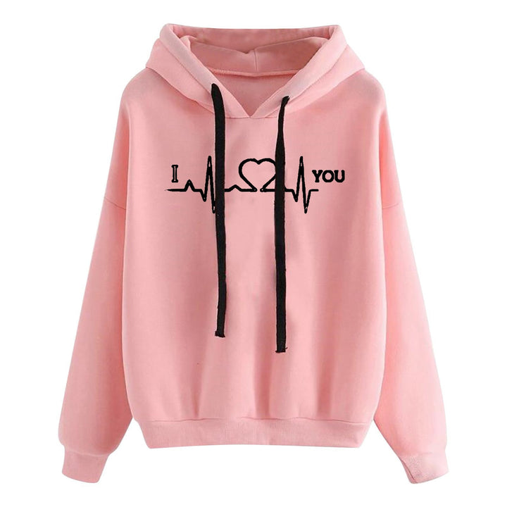 Women Light Oversized Hoodie with Heart EKG Motif, Long Cords and Elastic Cuff