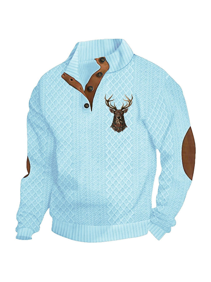 Men's Heritage Textured Pullover with Stand-up Collar Faux Leather Trim Elbow Patches and Half-button Placket