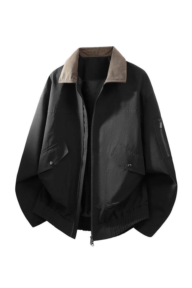 Men's Oversized Bomber Jacket in Worker Style with Cord Collar, Flap Pockets, and Elastic Hem