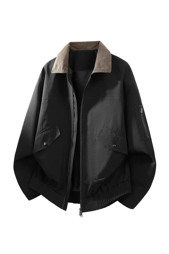 Men's Oversized Bomber Jacket in Worker Style with Cord Collar, Flap Pockets, and Elastic Hem