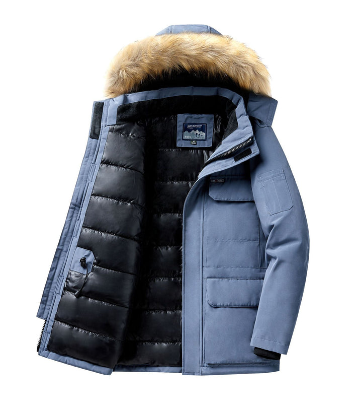 Men's Thermal Parka with Removable Faux Fur Hood, Windproof and Water-repellent