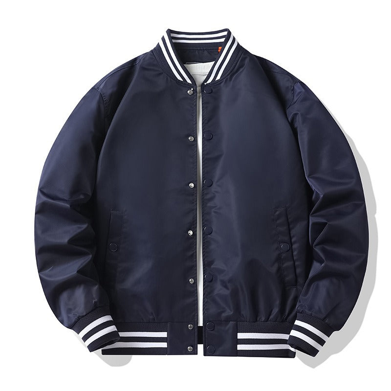 Men's Retro-striped Collar Varsity Snap-front Satin-effect Bomber Jacket