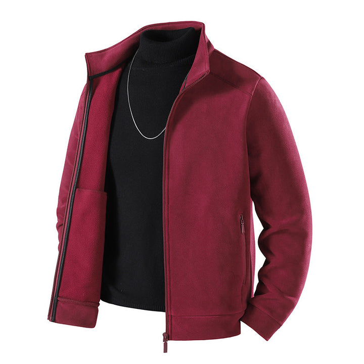 Men's Simple Velvet-Look Transitional Jacket with High-Closing Stand-Up Collar, Concealed Two-Way Zipper & Zip Pockets