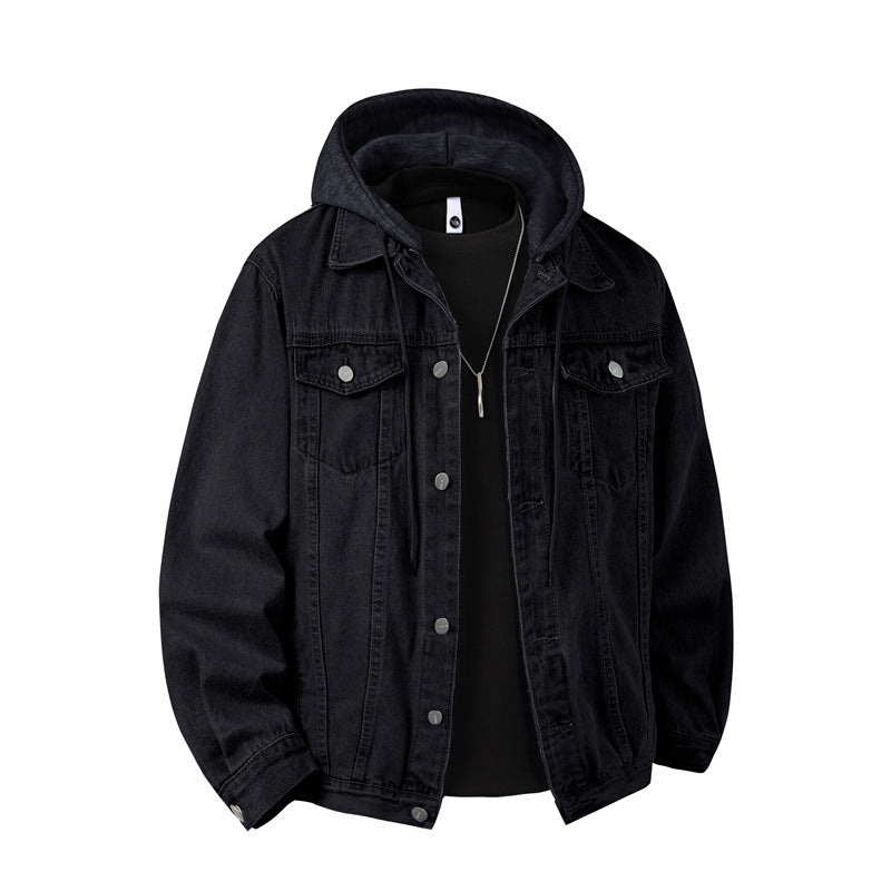 Men's Denim Jacket with Attached Hood Layered Look Robust Cotton Blend
