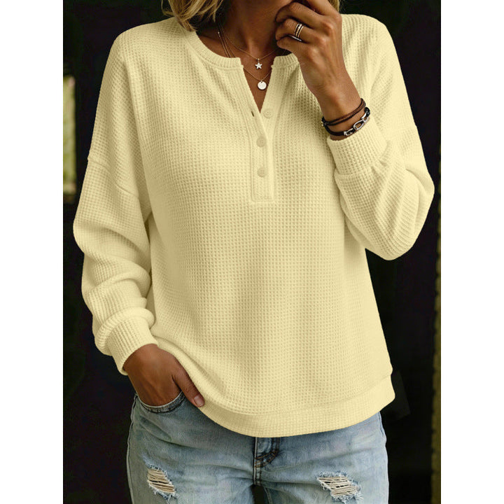Women's Waffle Knit Henley Sweater with Oversized Cut
