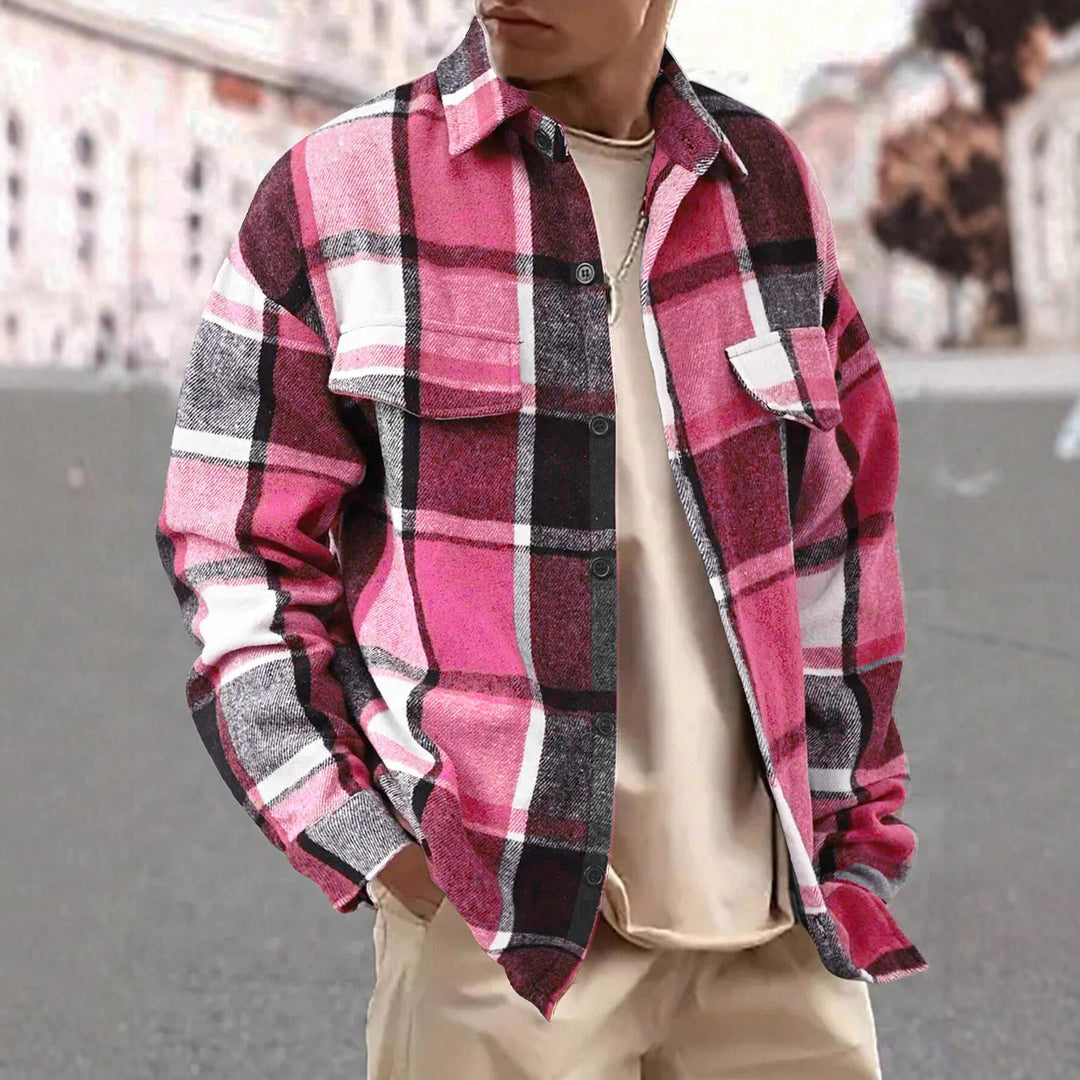 Men's Oversized Check Shirt Jacket made of Soft Flannel with Patch Chest Pockets