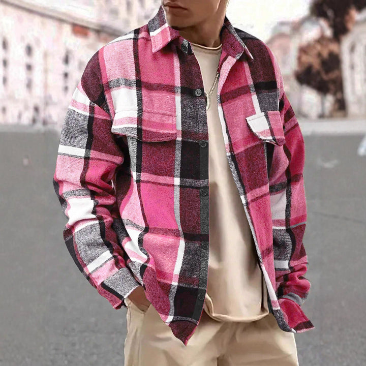 Men's Oversized Check Shirt Jacket made of Soft Flannel with Patch Chest Pockets