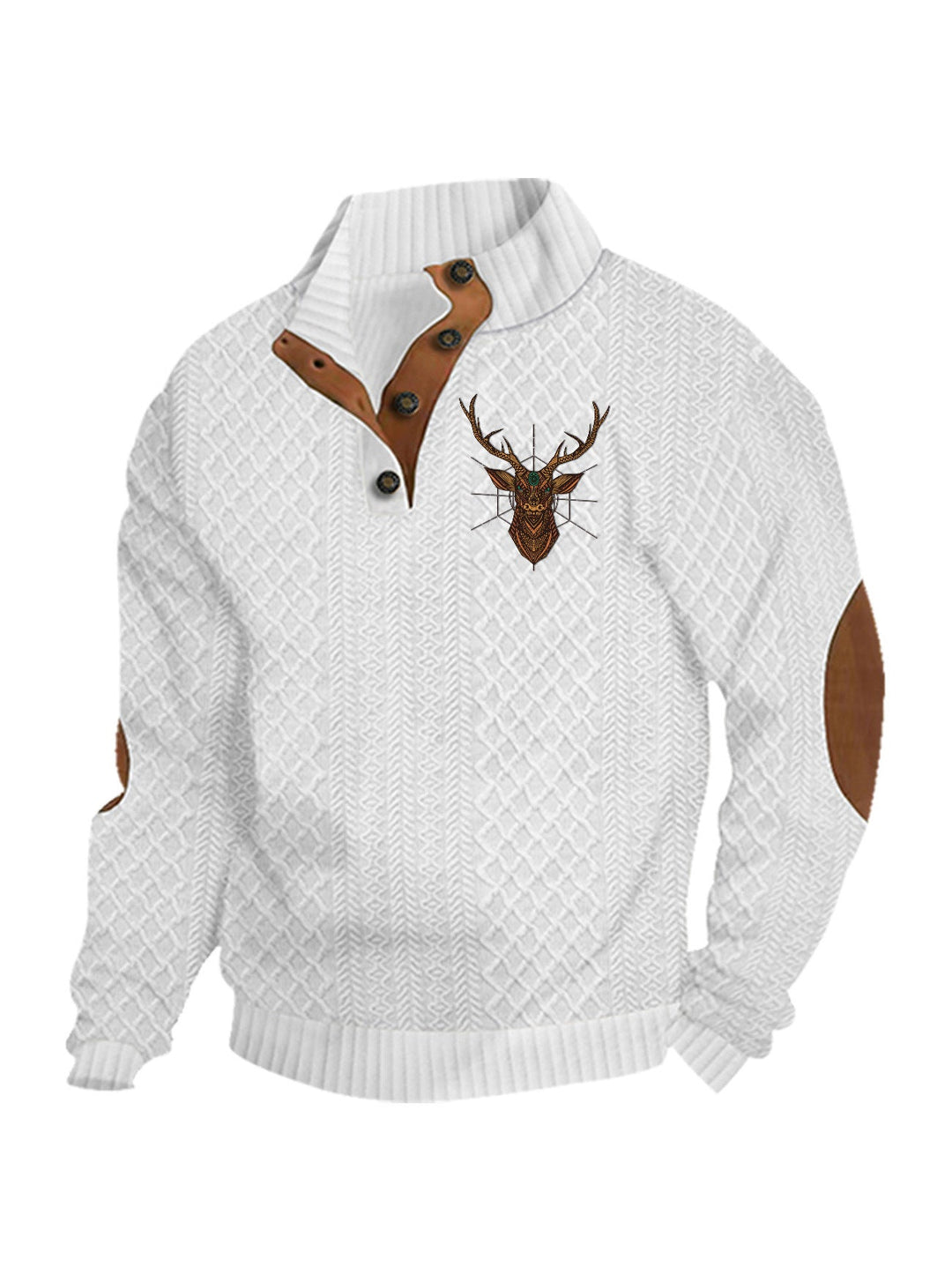 Men's Heritage Textured Pullover with Stand-up Collar Faux Leather Trim Elbow Patches and Half-button Placket