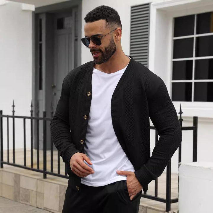 Men's Elegant Braided Knit Cardigan with V-neck Button Placket and Patch Pockets