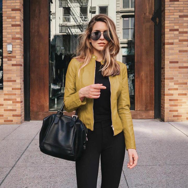 Women's Tailored Leather Jacket with Stand-up Collar and Concealed Zipper