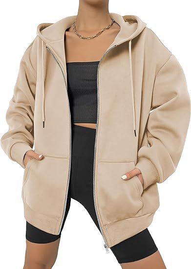 Women's Oversized Zip Hoodie with Contrasting Zipper, Double-layered Hood and Kangaroo Pocket